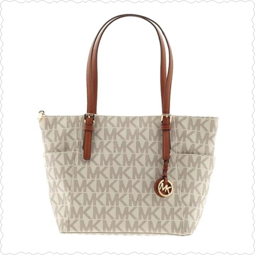 MICHAEL KORS Signature Jet Set East West Top Zip Tote, Vanilla/Acorn/Gold